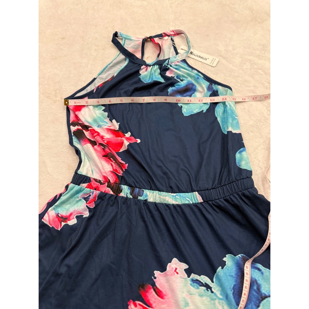 Newshows Womens Floral Halter Neck Mini Dress Blue Pink Stretchy Summer Size S - Picture 7 of 8